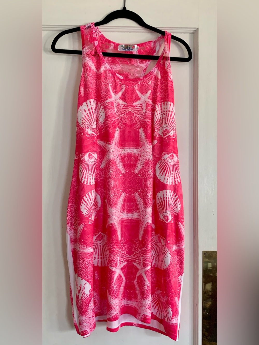Hot Pink Seashell Starfish Sparkles Print Tank Dress Racerback Lace Coverup